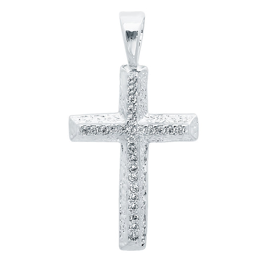 Textured Rhodium Plated 28mm x 40.5mm CZ Lined Beveled Cross Pendant + Jewelry Polishing Cloth (SKU: RL-CZP79)