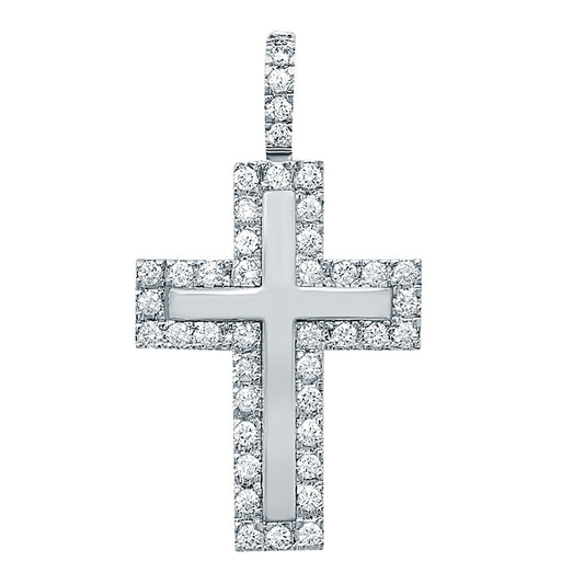 Rhodium Plated 30mm x 42mm CZ Bordered Dimensional Cross Pendant