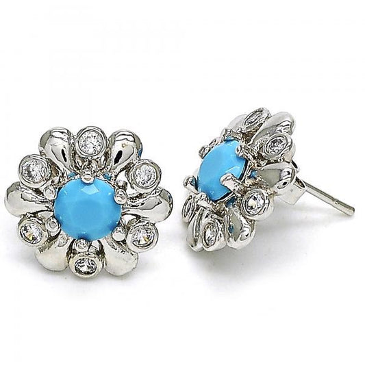 18.3mm Rhodium Plated Blue Opal Flower Stud Earrings, 18.3mm