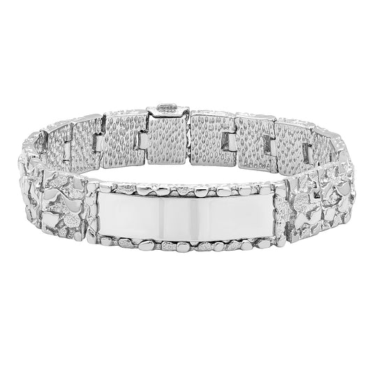 Large 15mm Rhodium Plated Thick Nugget Textured ID Link Bracelet