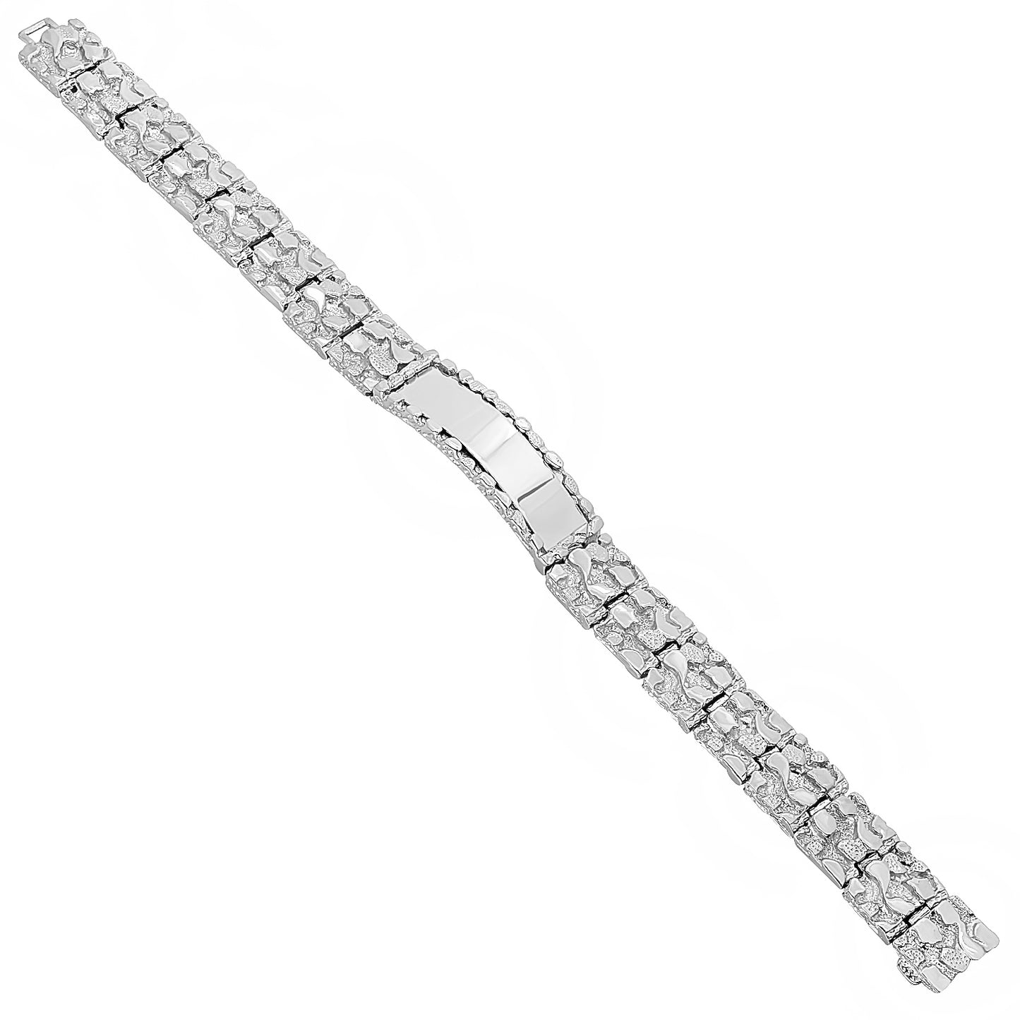 Large 15mm Rhodium Plated Thick Nugget Textured ID Link Bracelet + Jewelry Polishing Cloth (SKU: RL-ID1)