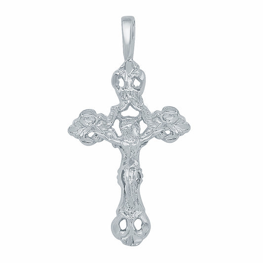 Large 30mm x 47mm Rhodium Plated Ornate Budded Crucifix Pendant