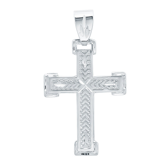 Rhodium Plated 32mm x 46mm Chevron Patterned Inlay Cross Pendant