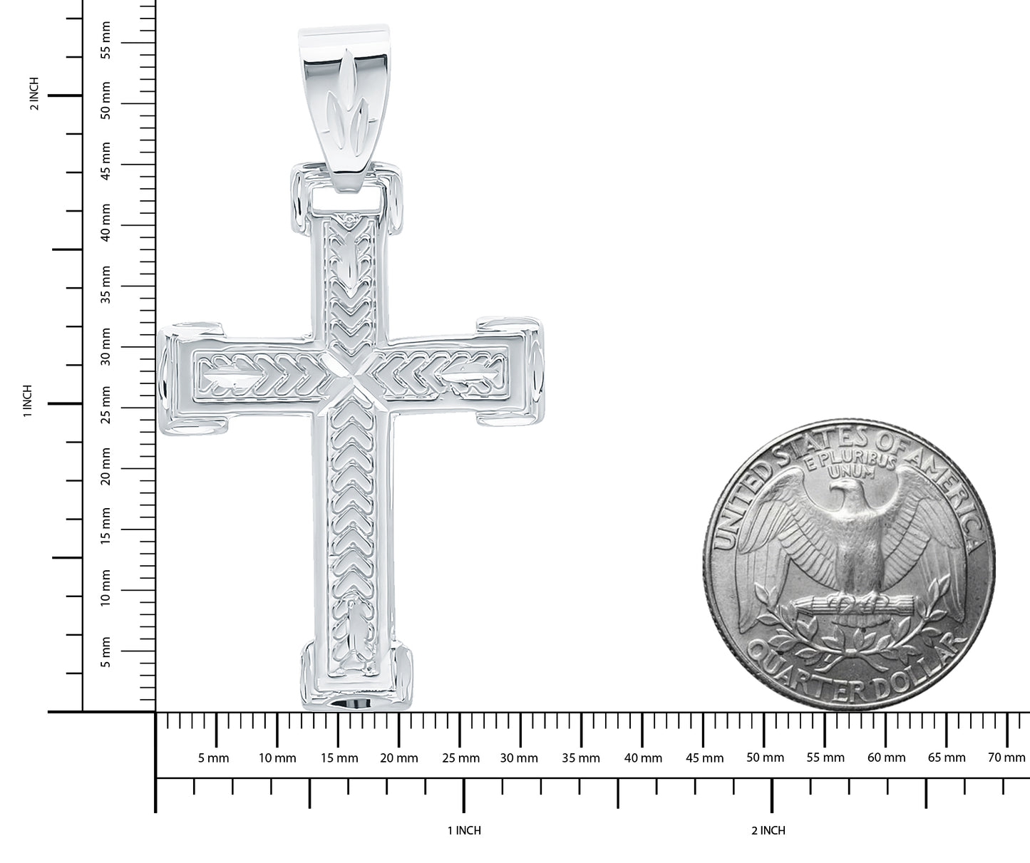 Rhodium Plated 32mm x 46mm Chevron Patterned Inlay Cross Pendant