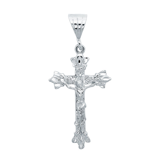 Rhodium Plated 32.5mm x 46mm Fleur-De-Lis Trefoil Crucifix Pendant