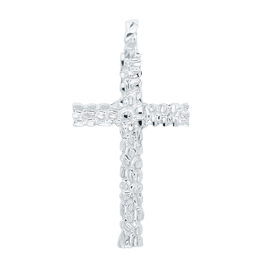 Large 33.5mm x 5.7 cm Rhodium Plated Nugget Textured Cross Pendant