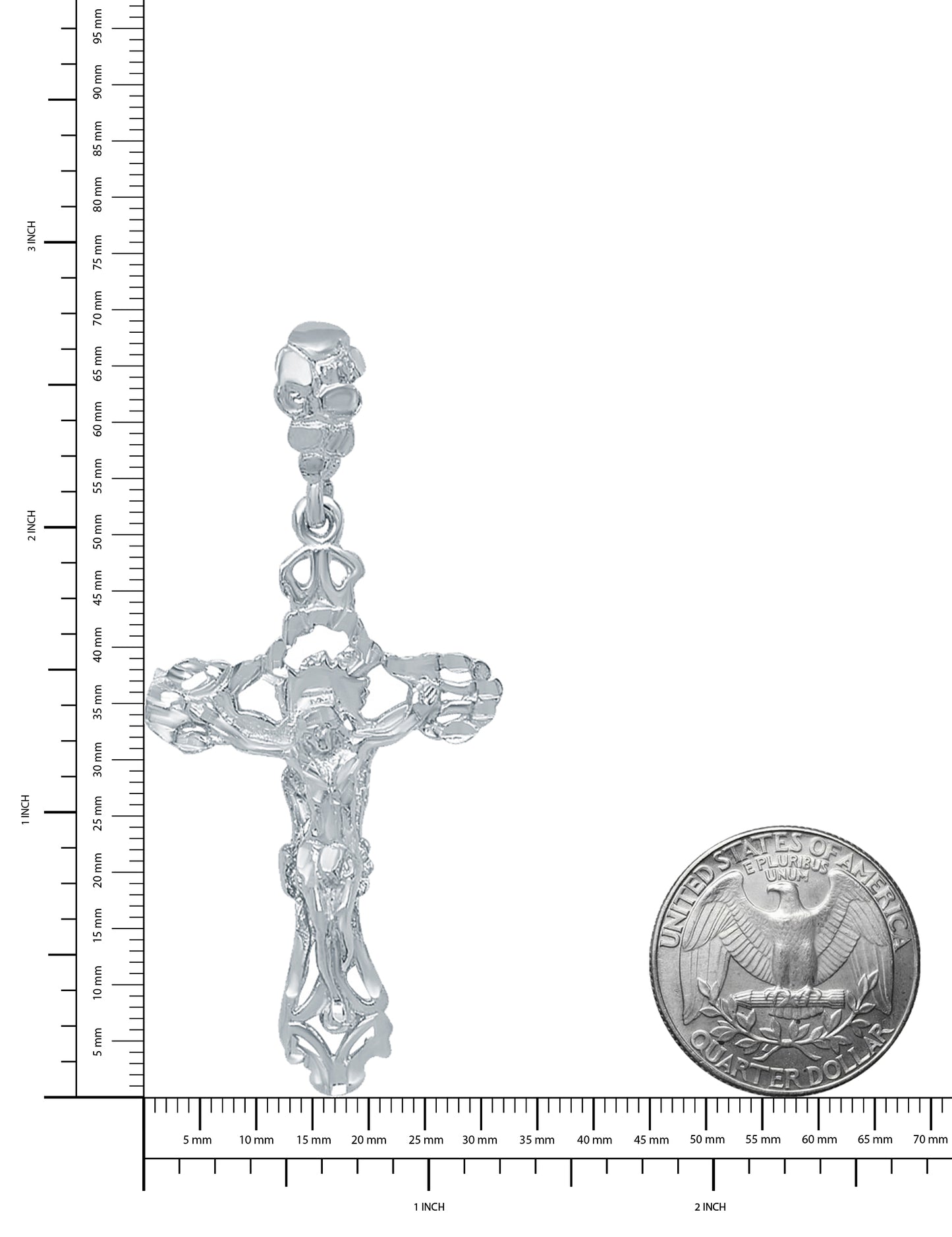 Large 36mm x 6.1 cm Rhodium Plated Ornate Jesus Crucifix Pendant + Jewelry Polishing Cloth (SKU: RL-LG50)