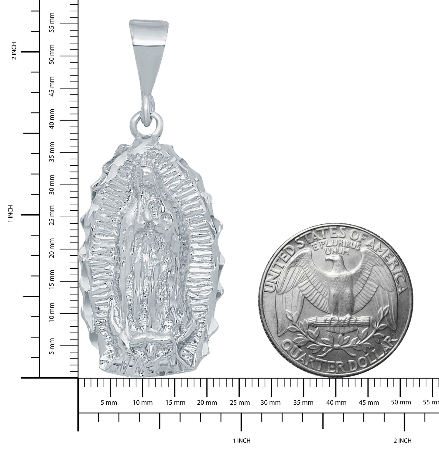 Rhodium Plated 20mm x 38mm Virgin Mary Scalloped Edge Oval Pendant