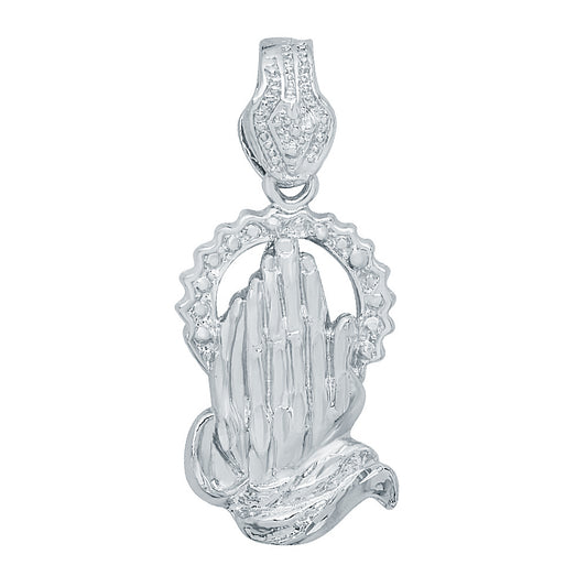 Large 24mm x 41mm Rhodium Plated Praying Hands With Halo Pendant