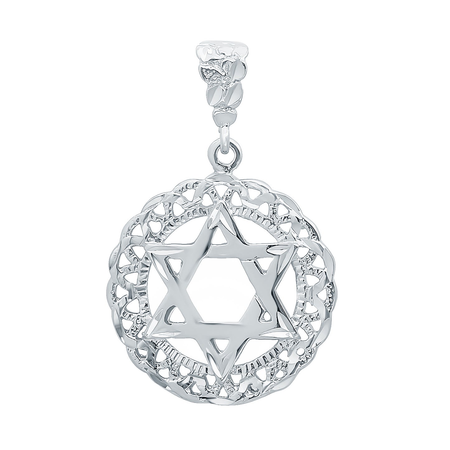 Round 34mm Rhodium Plated Diamond-Cut Star Of David Medallion Pendant