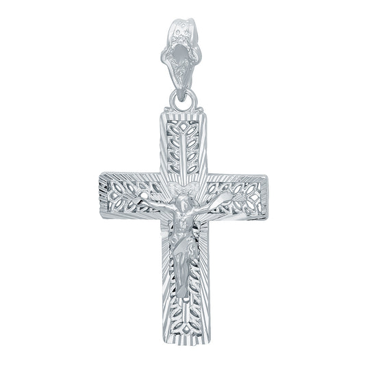 Rhodium Plated 26mm x 36mm Ornate Olive Branch Inlay Crucifix Pendant