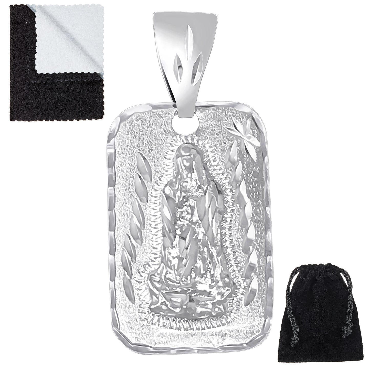 Men's Diamond-Cut Rhodium Plated Guadalupe (Virgin Mary) Pendant, 34mm x 21mm (⅓ inches' x ⅘ inches')