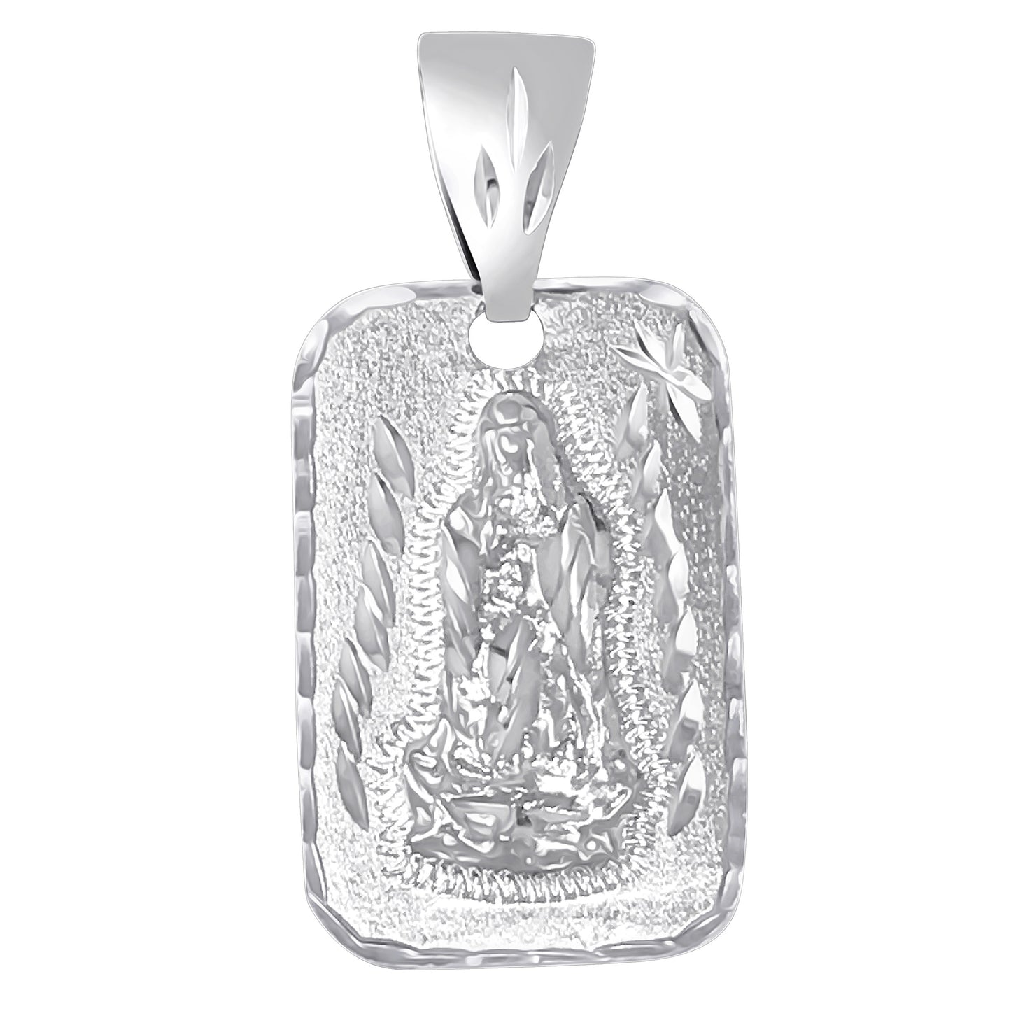 Men's Diamond-Cut Rhodium Plated Guadalupe (Virgin Mary) Pendant, 34mm x 21mm (⅓ inches' x ⅘ inches')