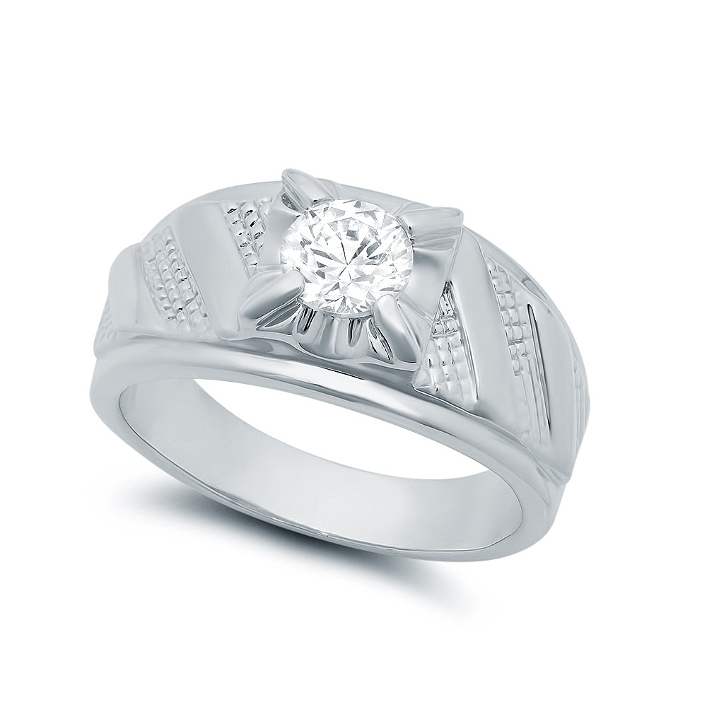 Thick Rhodium Plated Brilliant Cut White CZ Solitaire Ring