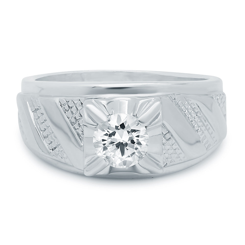 Thick Rhodium Plated Brilliant Cut White CZ Solitaire Ring