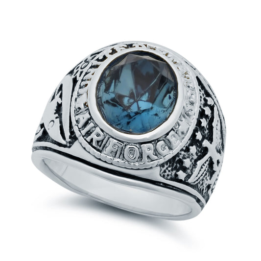 Thick Rhodium Plated Blue Oval-Cut CZ US Air Force Ring + Jewelry Polishing Cloth (SKU: RL-MN92A)