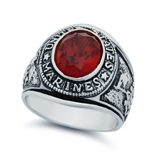 Rhodium Plated Oval-Cut Red Cubic Zirconia US Marines Ring