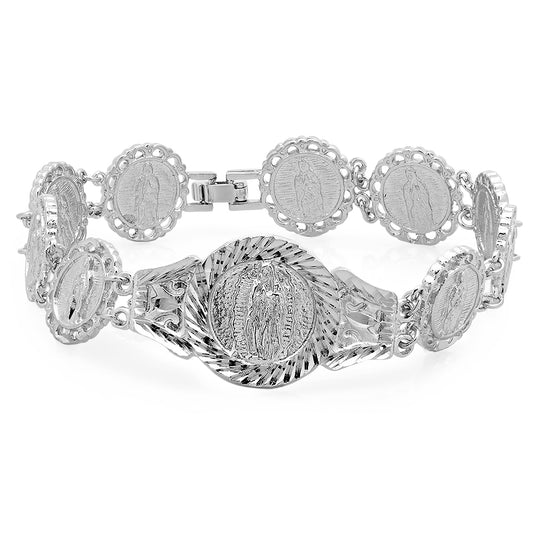 22mm Rhodium Plated Guadalupe Virgin Mary Thick Medallion Bracelet