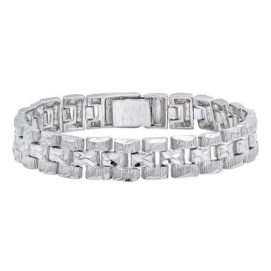 Thick 12.5mm Rhodium Plated Diamond-Cut 3-Row Panther Link Bracelet