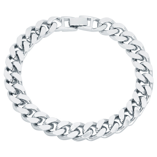 9.2mm Rhodium Plated Beveled Curb Chain Bracelet