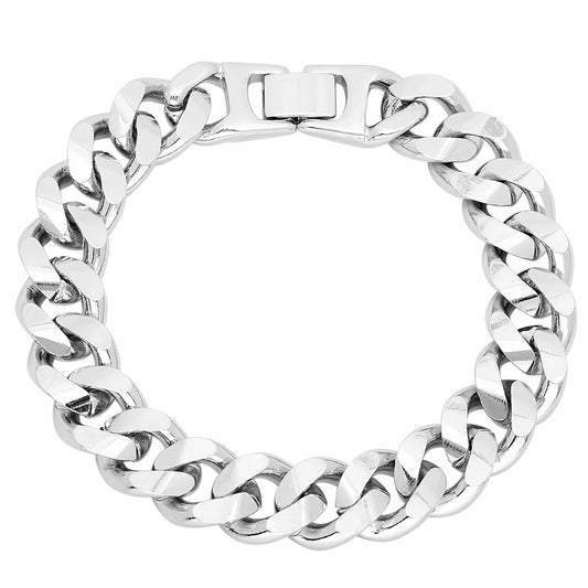 12.4mm Rhodium Plated Beveled Curb Chain Link Bracelet