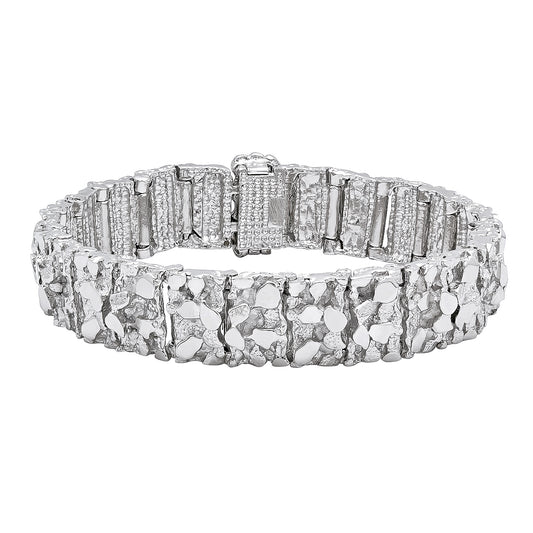 Thick 15mm Rhodium Plated Chunky Nugget Textured Large Link Bracelet