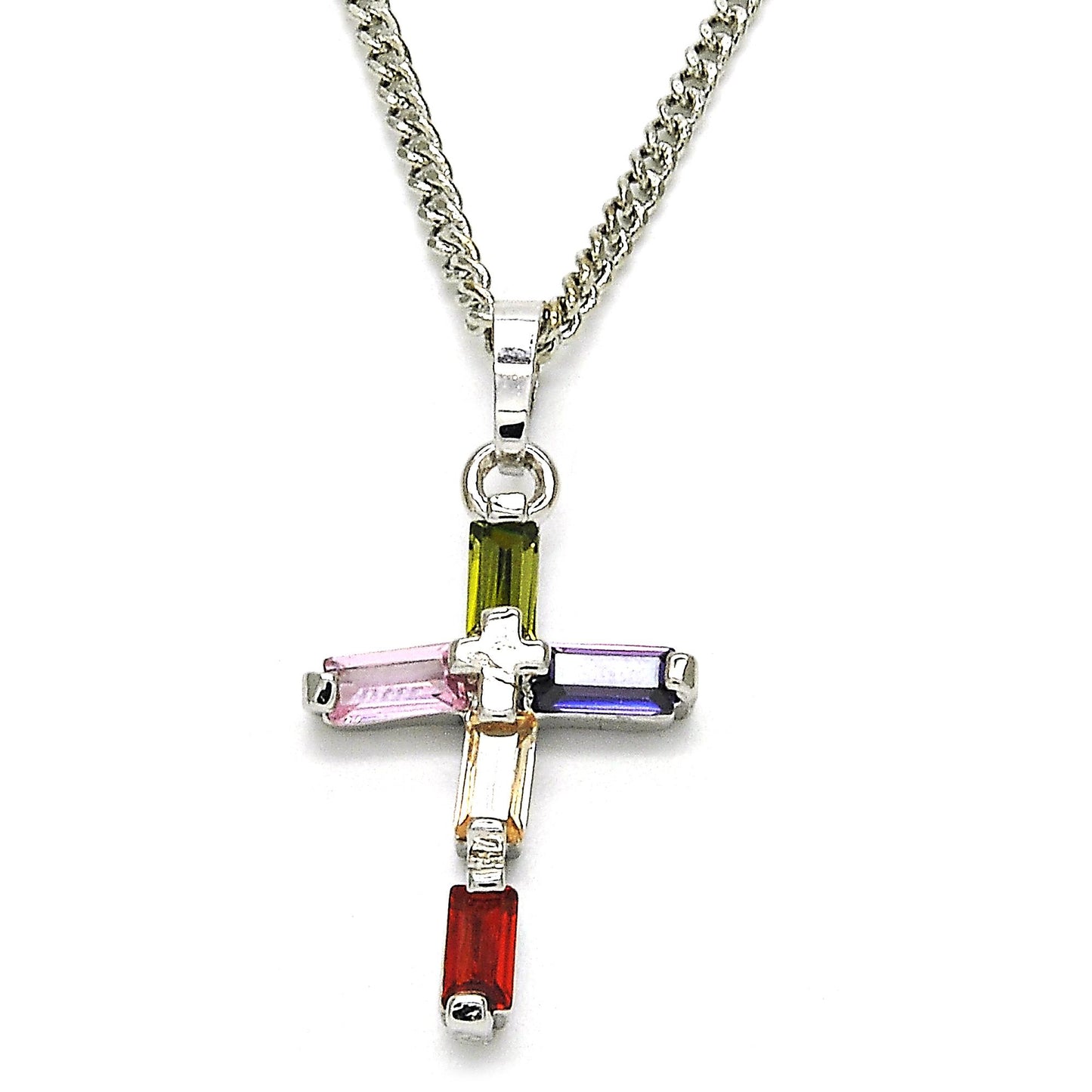 15.4mm Polished Rhodium Plated Multicolor Cubic Zirconia Curb Pendant + Necklace, 21.5