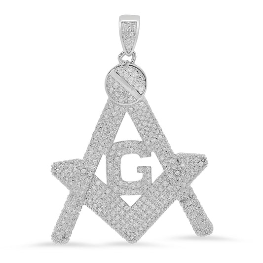 Large Iced Out 30mm x 36mm Rhodium Plated Masonic Symbol CZ Pendant