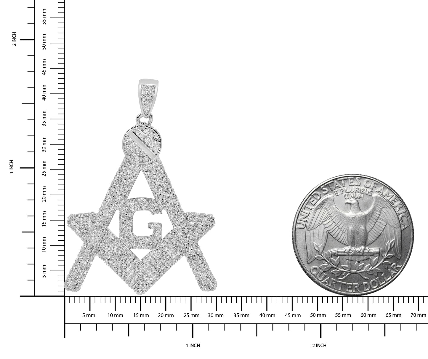 Large Iced Out 30mm x 36mm Rhodium Plated Masonic Symbol CZ Pendant + Jewelry Polishing Cloth (SKU: RL-PDCZ1001)
