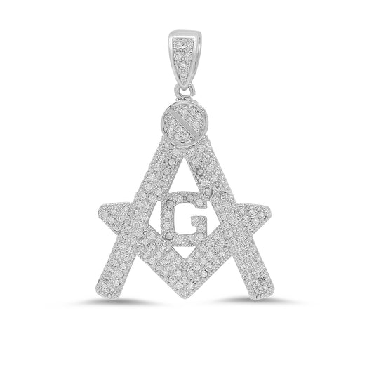 Large 25mm x 22.3mm Rhodium Plated Micropave CZ Bling Masonic Pendant