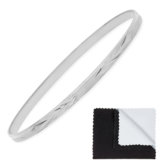 3.9mm Rhodium Plated Cut Pattern Bangle Bracelet