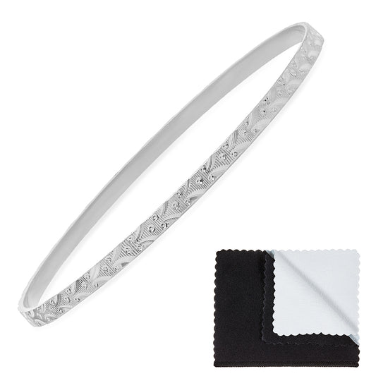 3.2mm Rhodium Plated Cut Pattern Bangle Bracelet