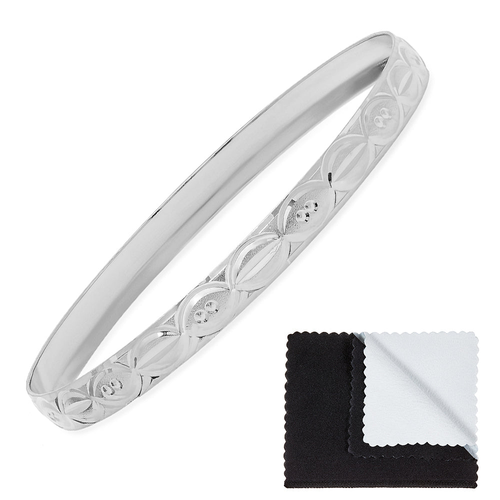 6.7mm Rhodium Plated Cut Pattern Bangle Bracelet