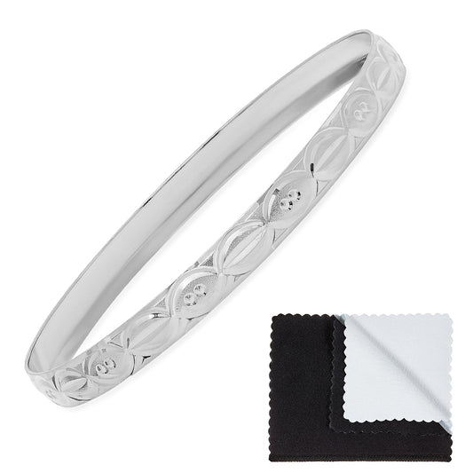 6.7mm Rhodium Plated Cut Pattern Bangle Bracelet