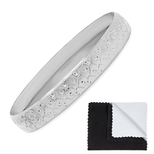 9.7mm Rhodium Plated Cut Pattern Bangle Bracelet