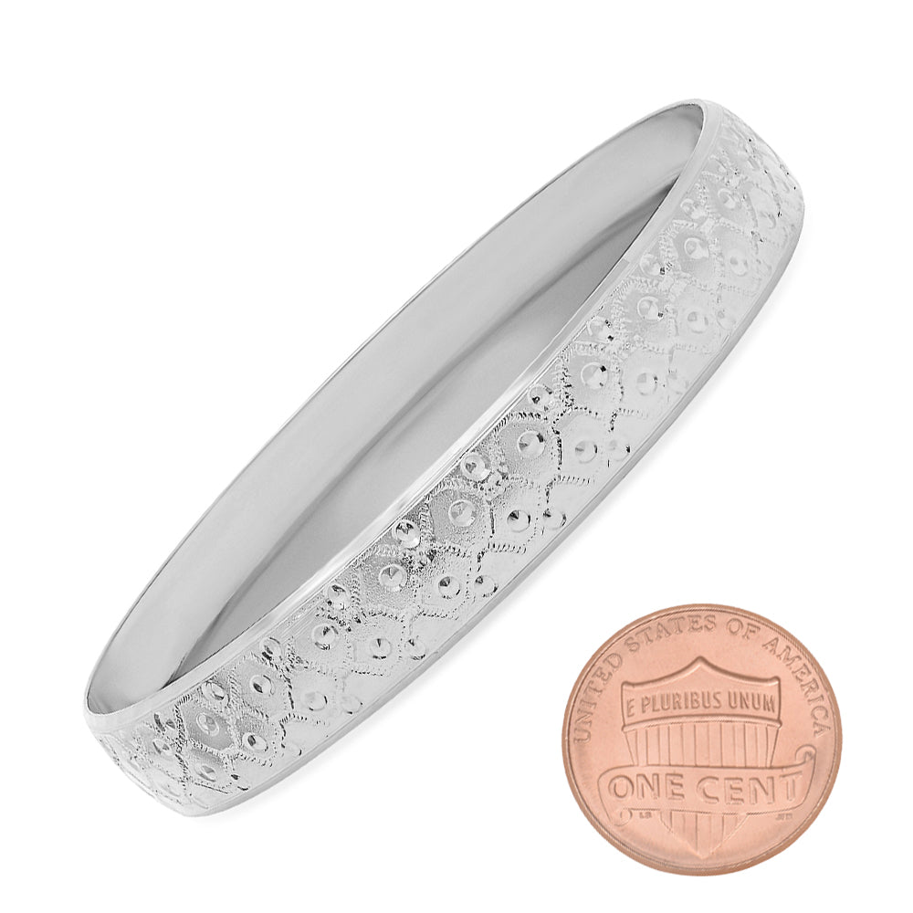 9.7mm Rhodium Plated Cut Pattern Bangle Bracelet