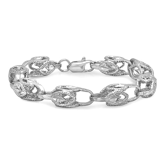 9mm Textured Rhodium Plated Hollow Chain Link Bracelet