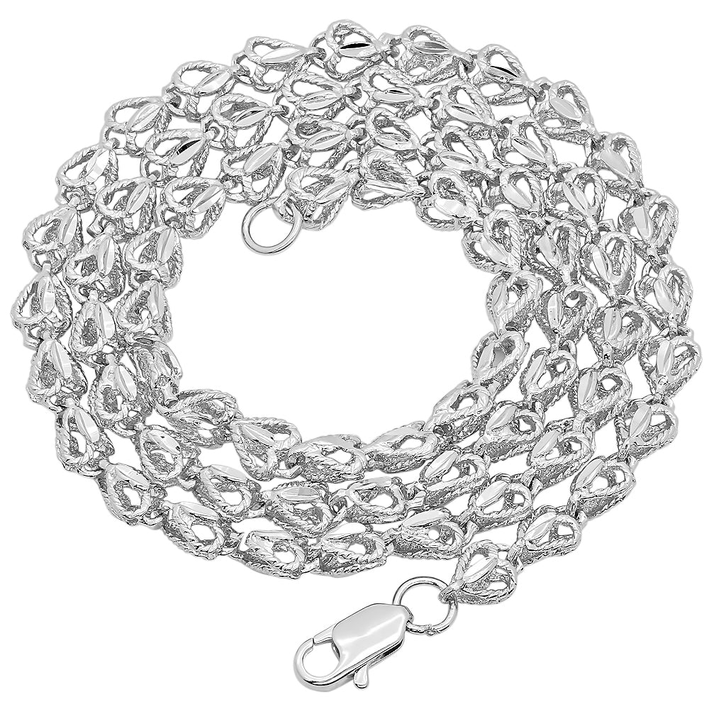 7mm Diamond-Cut Rhodium Plated Heart Link Chain Necklace