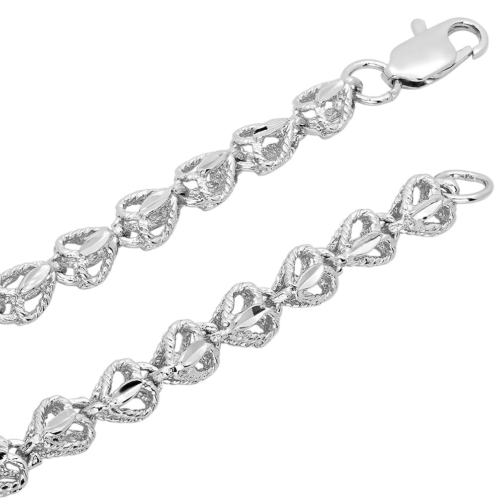 7mm Diamond-Cut Rhodium Plated Heart Link Chain Necklace