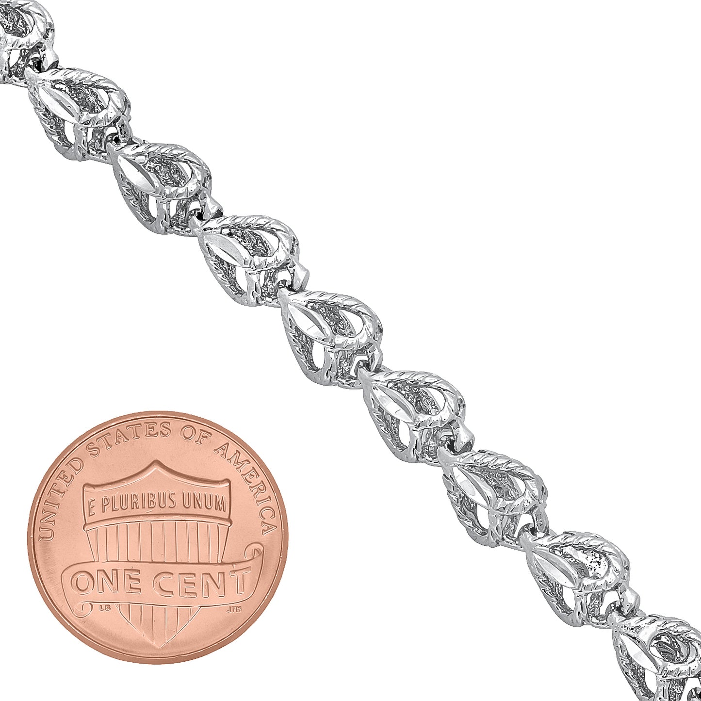 7mm Diamond-Cut Rhodium Plated Heart Link Chain Necklace