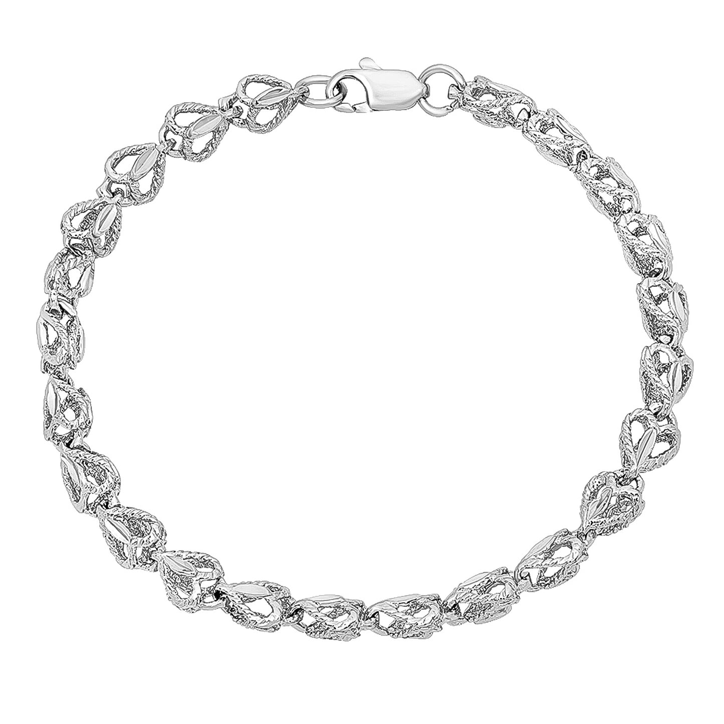 7mm Diamond-Cut Rhodium Plated Heart Link Chain Necklace