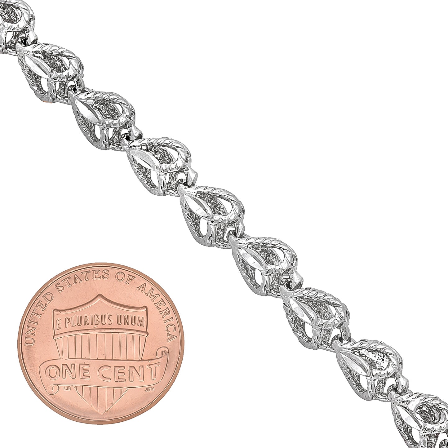 7mm Diamond-Cut Rhodium Plated Heart Link Chain Necklace