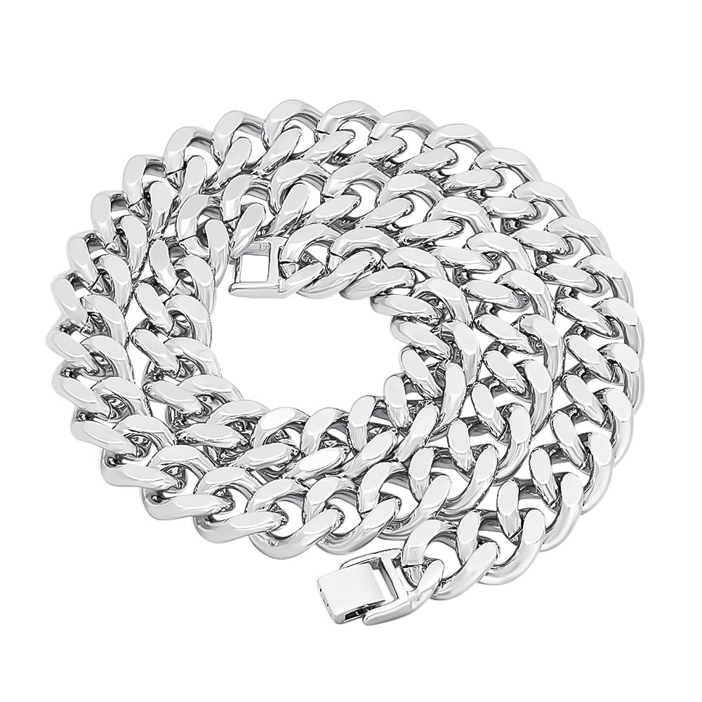 14.6mm Rhodium Plated Flat Cuban Link Curb Chain Necklace