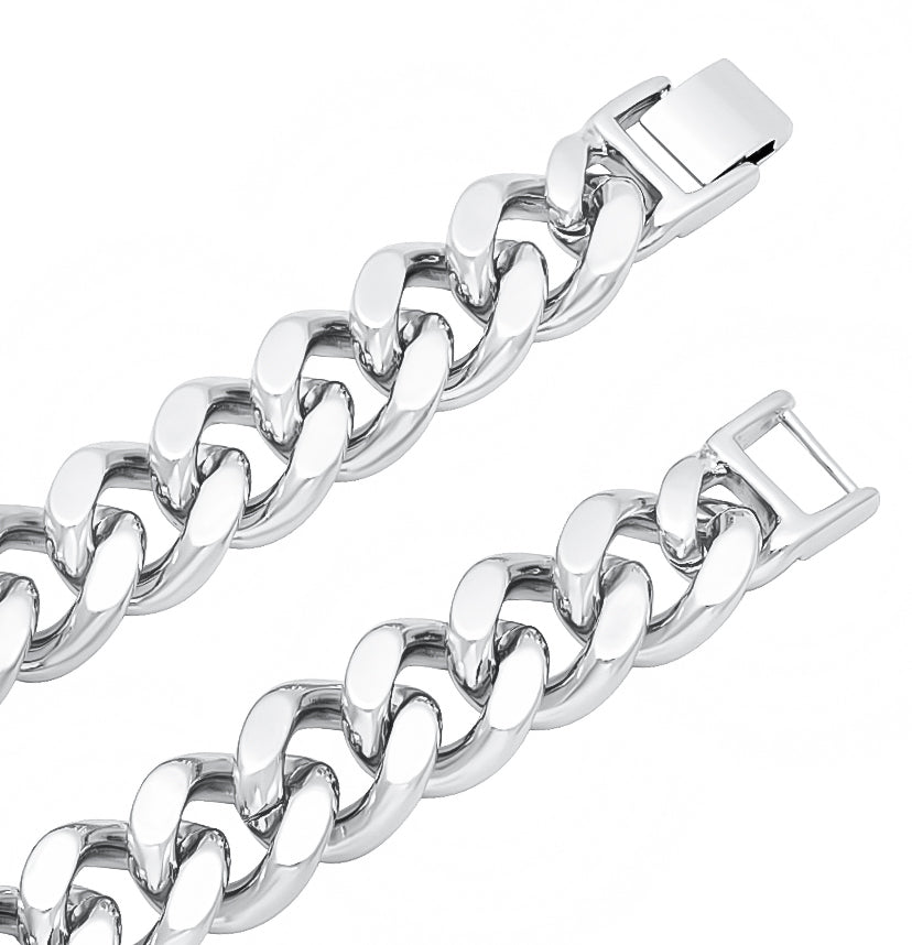 14.6mm Rhodium Plated Flat Cuban Link Curb Chain Necklace