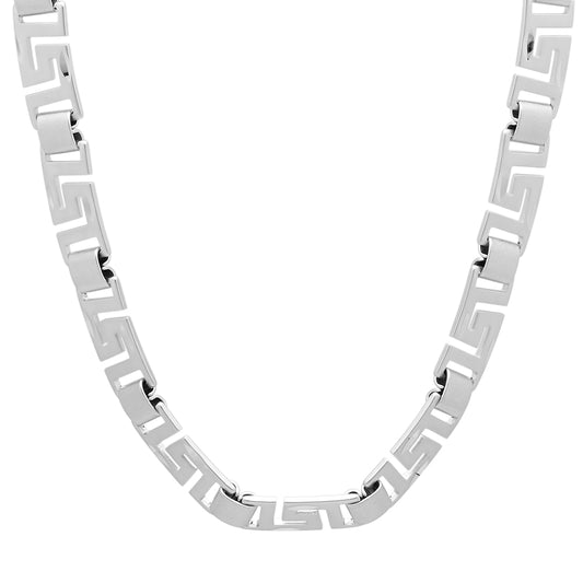 Men's 8mm Rhodium Plated Flat Greek Key Link Chain Necklace