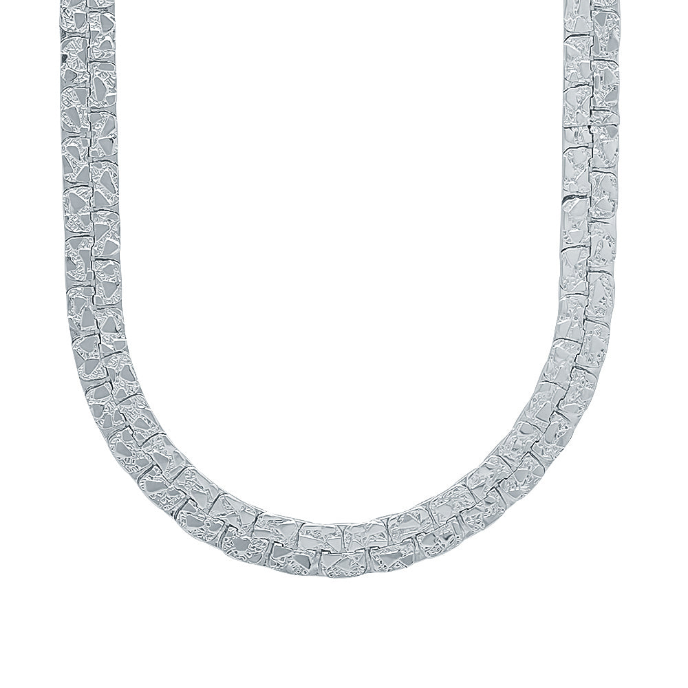 7.5mm Rhodium Plated Flat Nugget Chain Necklace