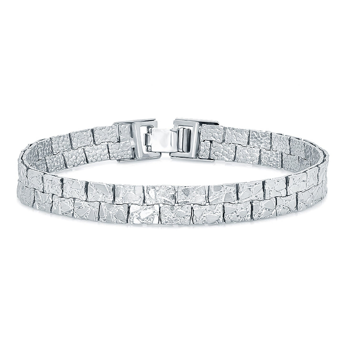 7.5mm Textured Rhodium Plated Flat Nugget Link Bracelet