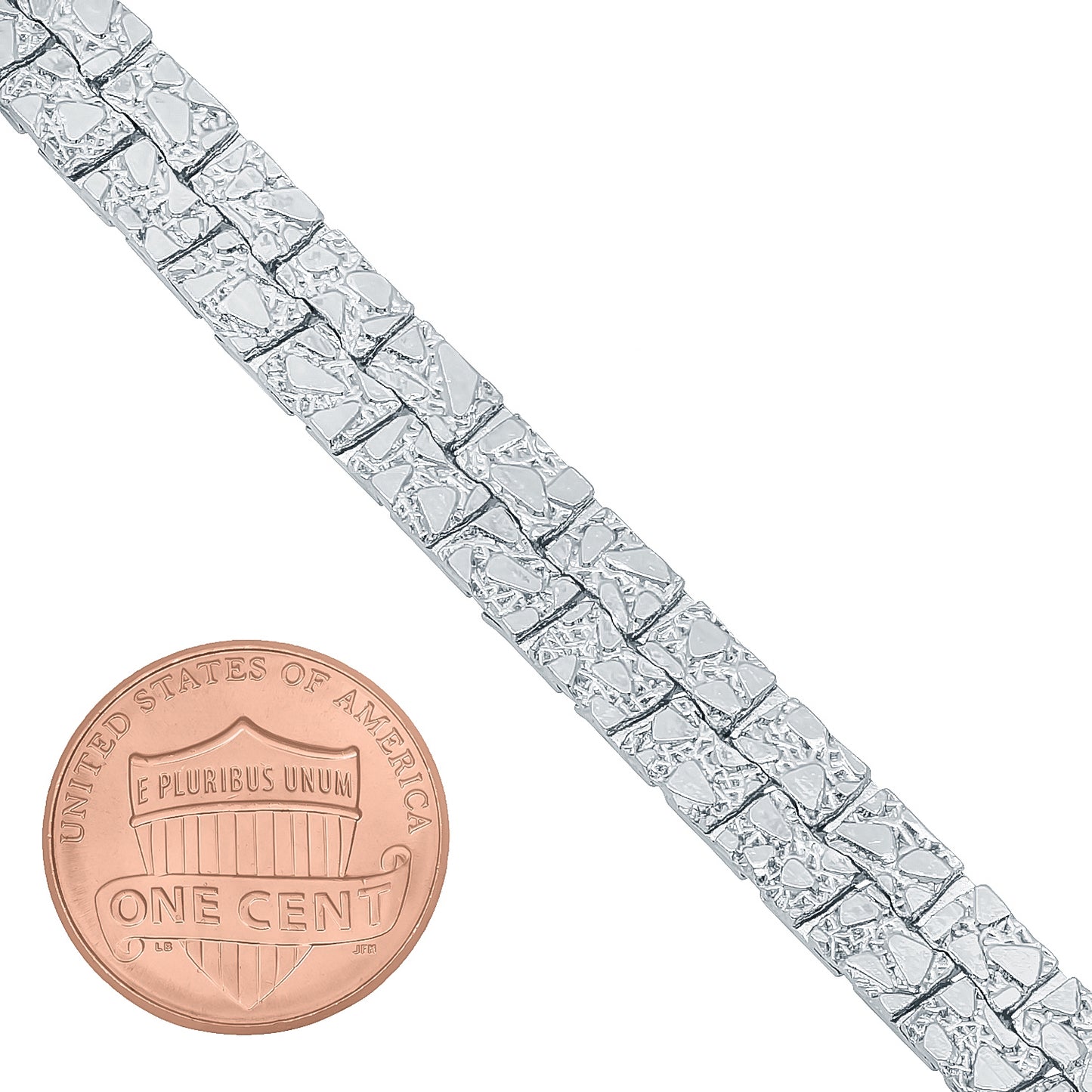 7.5mm Textured Rhodium Plated Flat Nugget Link Bracelet