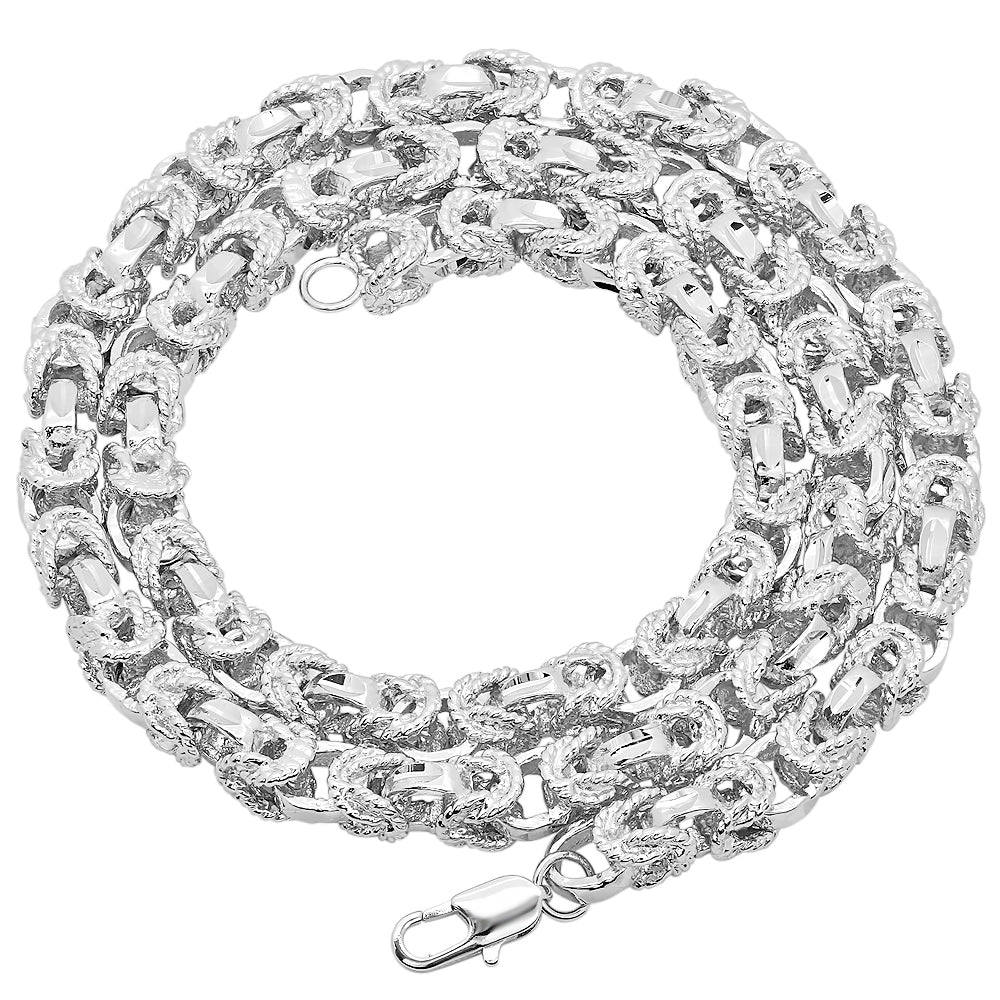 Men's 8mm Textured Rhodium Plated Puffed Puffed Byzantine Chain Necklace + Gift Box