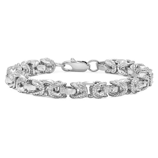 8mm Diamond-Cut Rhodium Plated Puffed Puffed Byzantine Chain Link Bracelet